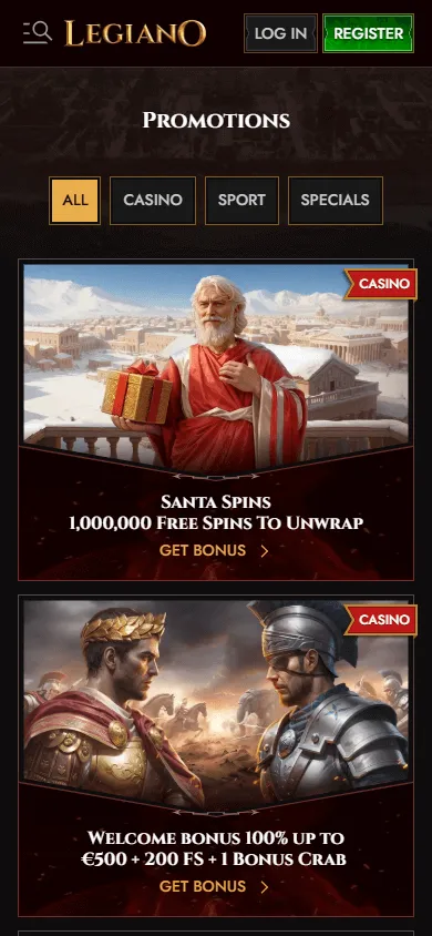 Legiano Casino mobile promotions area with bonus claims and promotional features