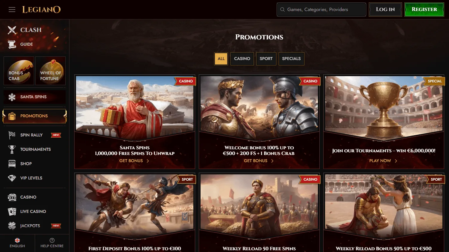 Legiano Casino desktop promotions area with deposit offers and promotional features