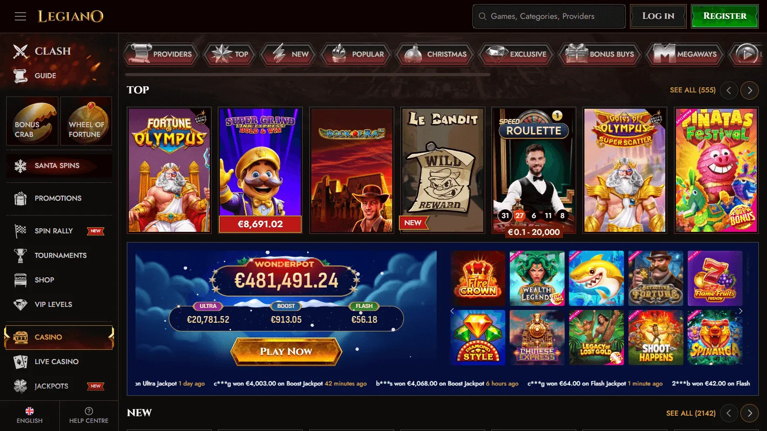 Legiano Casino desktop games area with slots, live casino and other game categories