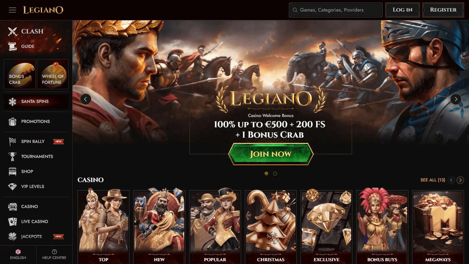 Legiano Casino desktop homepage with AUD support, casino content and account features