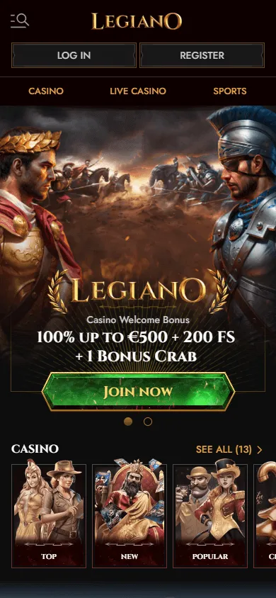 Legiano Casino homepage accessed on a mobile browser with account and casino features