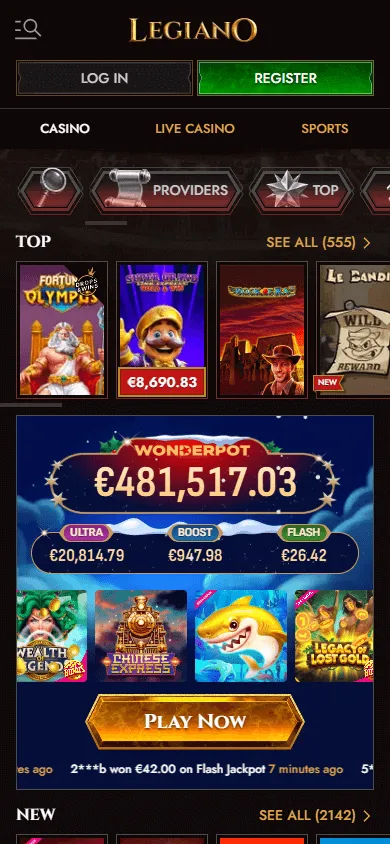 Legiano Casino mobile games area with slot and live casino options